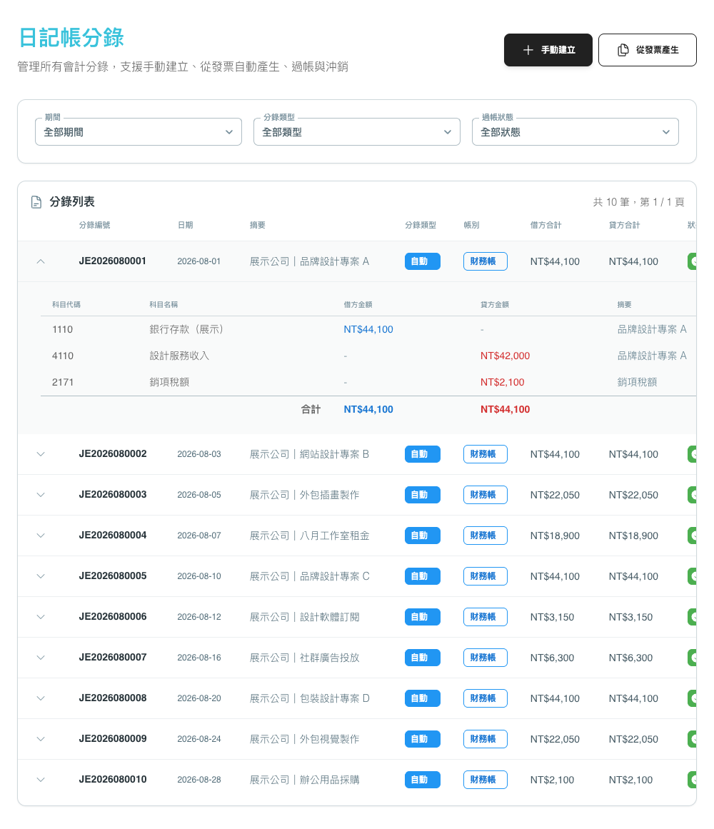 SmartTaxer 日記帳列表，展開一筆紀錄查看分錄明細