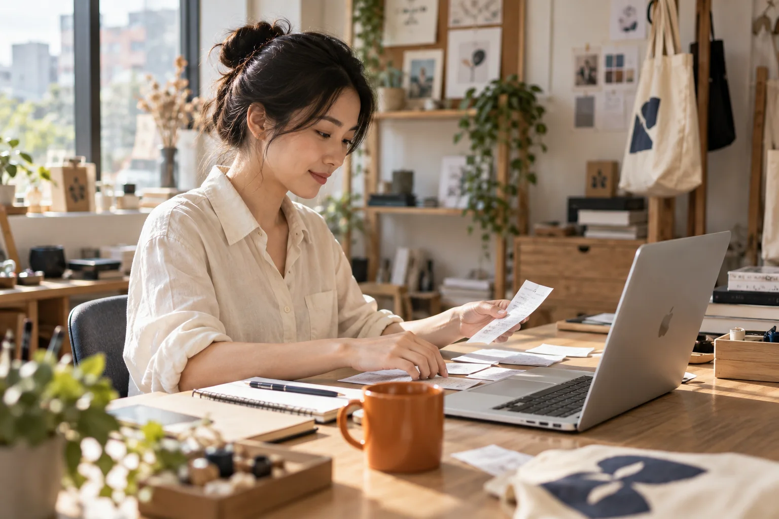 店主在桌前整理發票,身旁放著 MacBook