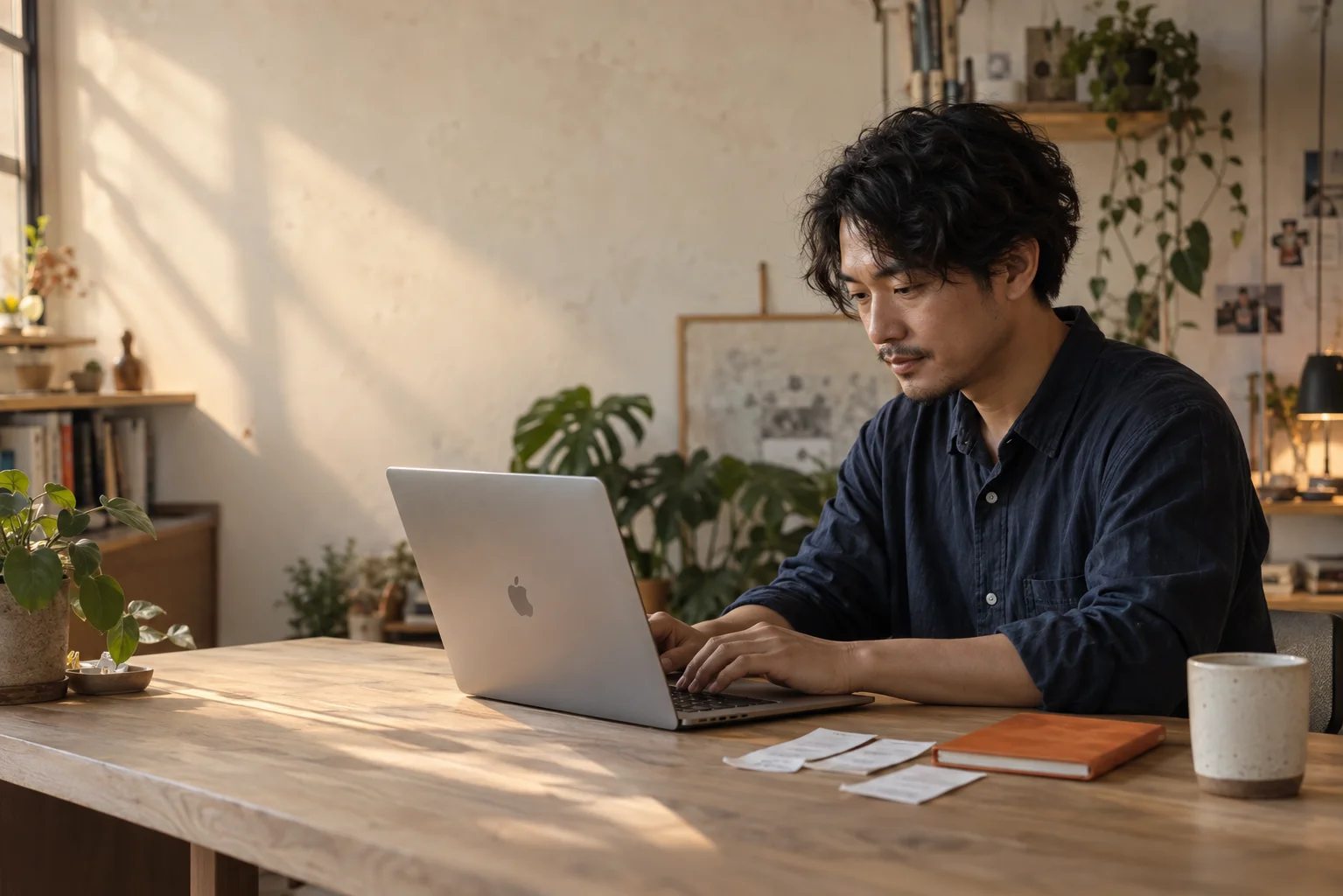 工作室裡，老闆用 MacBook 整理桌上的發票